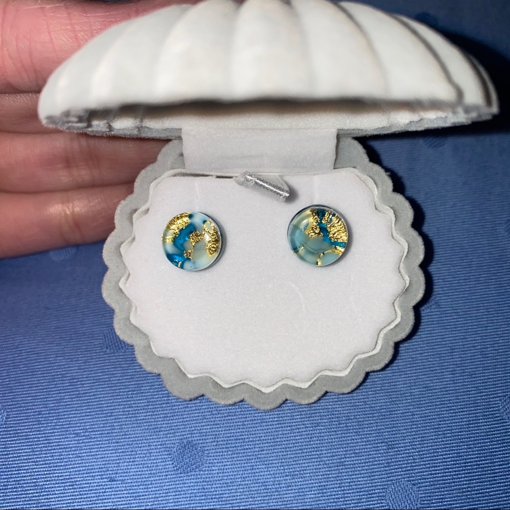 Earth Resin Earrings with Gold Tones & Blue Ocean